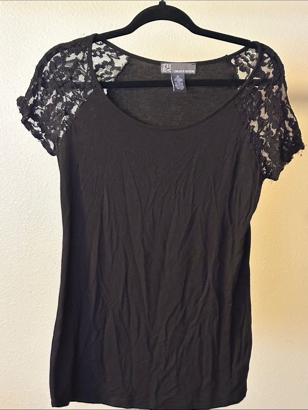Chelsea & Theodore Black Scoop Neck Tee with Lace Cap Sleeves